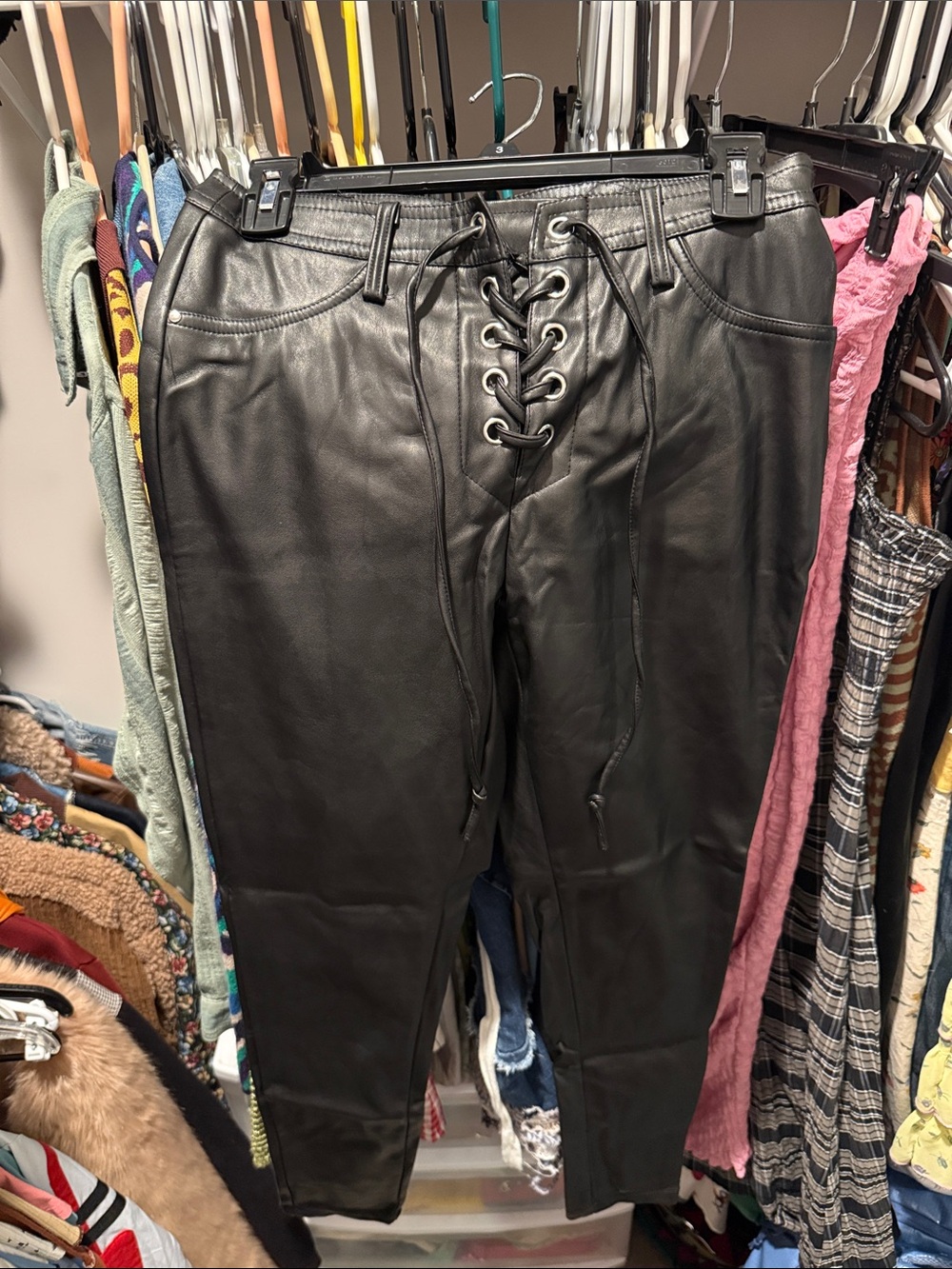 Black Faux Leather Lace-Up Pants